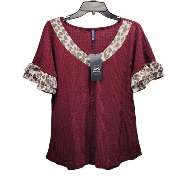 Iwollence Women Short Sleeve Texture Knit Leopard Print Trim Bluse Burgundy M - Picture 1 of 10